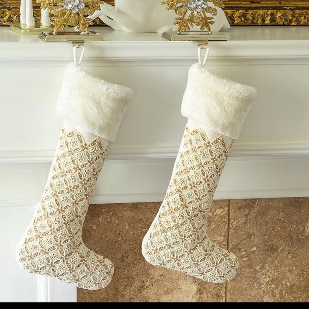 Park Hill Petite Fleur sequin beaded stocking NWT white & gold. 2 available